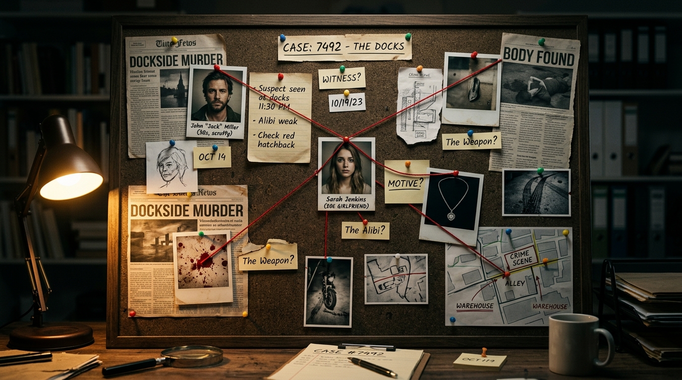 Detective Clue Board with interconnected evidence and alibis